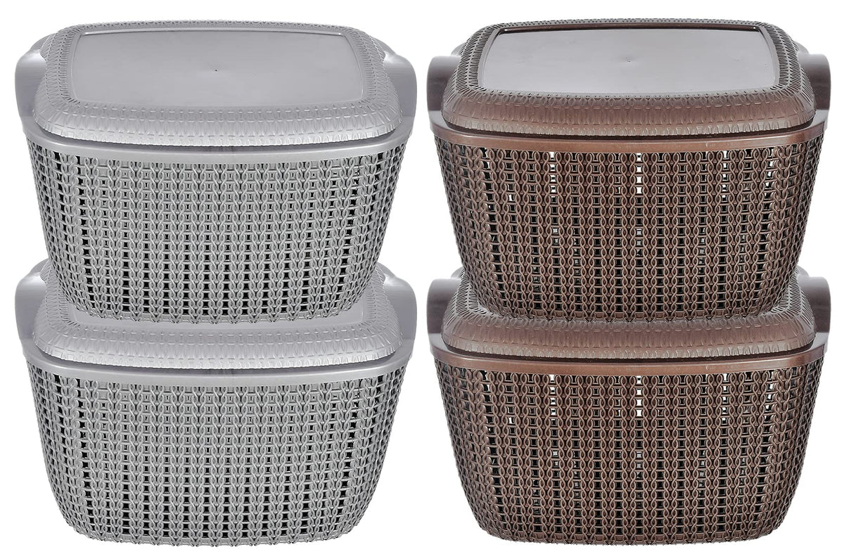 Heart Home Multipurposes Small M 25 Plastic Basket, Organizer For Kitchen, Countertops, Cabinets, Bathroom With Lids- Pack of 4 (Grey & Brown) -46HH052