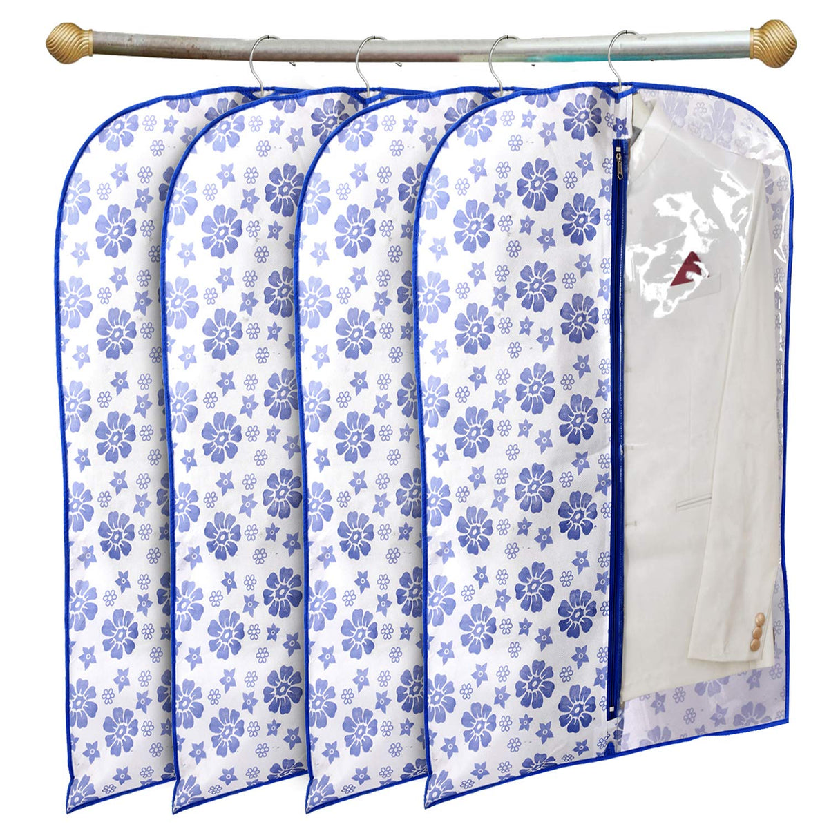 Kuber Industries Flower Printed 4 Pieces Half Transparent Non Woven Men's Coat Blazer Cover (Blue)-KUBMART853