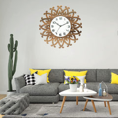 Heart Home Rangoli Design Wooden Decorative Round Wall Clock for Hall/Bedroom/Office (Light Brown)-Hs40Hearth23944