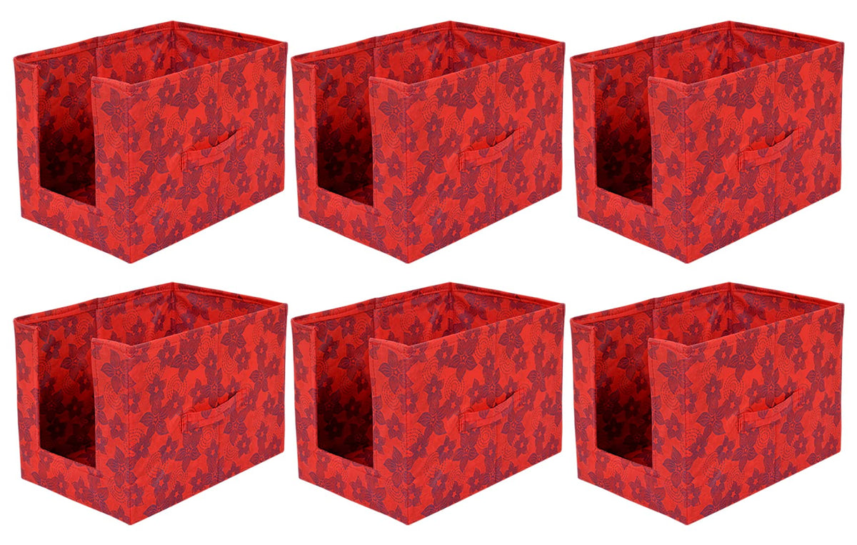 Heart Home Metallic Flower Printed Multiuses Non-Woven Closet Organizer With Handles- Pack of 6 (Red) -HS43HEARTH26465