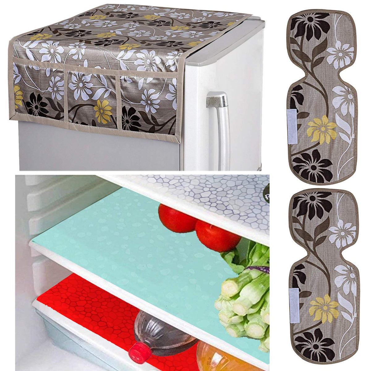 Kuber Industries Flower Design Combo PVC 3 Pieces Fridge Mats, 2 Piece Handle Cover and 1 Piece Fridge Top Cover(Gold)