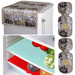 Kuber Industries Flower Design Combo PVC 3 Pieces Fridge Mats, 2 Piece Handle Cover and 1 Piece Fridge Top Cover(Gold)