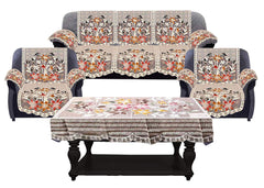 Kuber Industries Flower Design Cotton Floral 5 Seater Sofa Cover Set with 6 Pieces Arms Cover and 1 Center Table Cover (Set of 17, Brown, Standard)-KUBMART12038