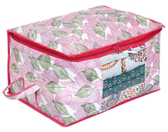 Kuber Industries Non Woven Fabric Metallic Leafy Print Foldable Clothes Storage Bag Wardrobe Organizer for Comforters, Blankets, Bedding with Sturdy Zipper, Clear Window (Pink, 65 Cm X 45 Cm X 31 Cm)