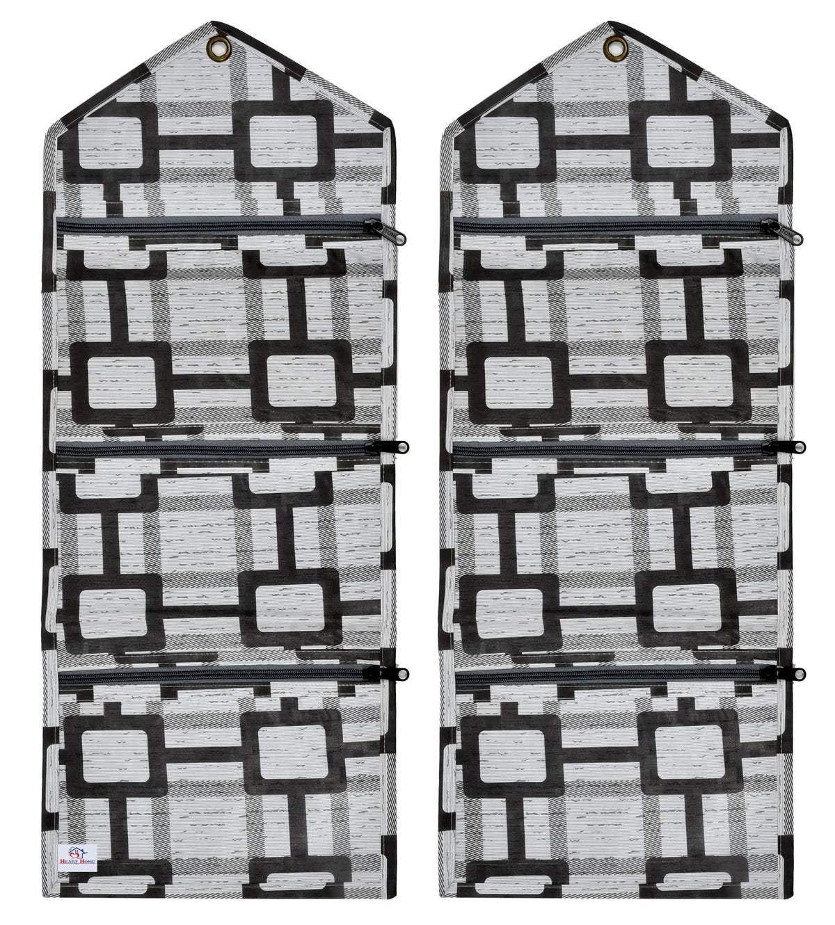 Heart Home Square Printed 3 Pockets Wall Hanging Storage Organizer, Magazine/Letter Holder, Stationary Organizer- Pack of 2 (Grey)-HS43HEARTH25748