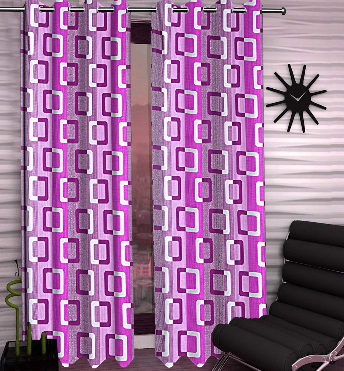 Kuber Industries Shining 2 Pieces Bloom Collection Jacquard Lavish and Modern Rich Geometric Print Eyelet Ring top Door Curtain for Bedroom and Hall - 7 Feet, (Purple) - CTKTC045723