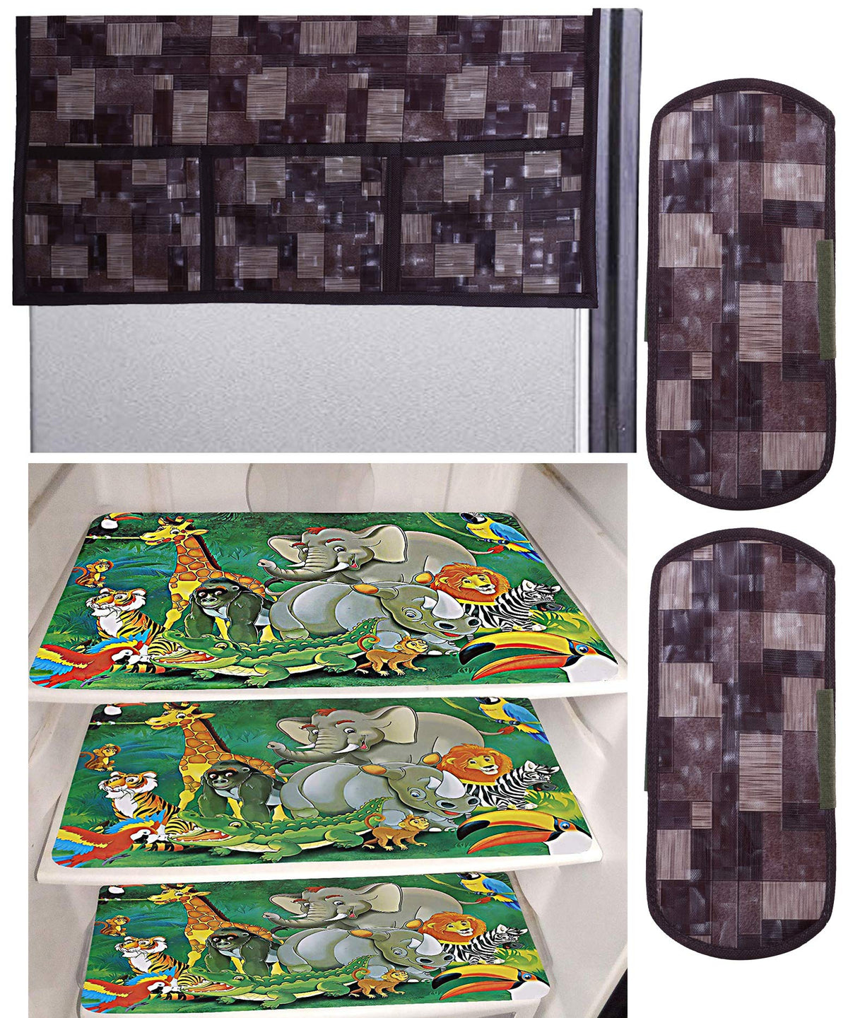 Kuber Industries Cartoon Design 3 Pieces PVC Fridge Mats,2 Piece Handle Cover and 3D Checkered Design 1 Piece Fridge Top Cover (Brown) - CTKTC39824