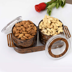 Kuber Industries Pearl Wooden Design Plastic Dry Fruit Container with Tray Set with Lid & Serving Tray, 500 ml Plastic Grocery Container (Set of 3, Brown)-KUBMART11084