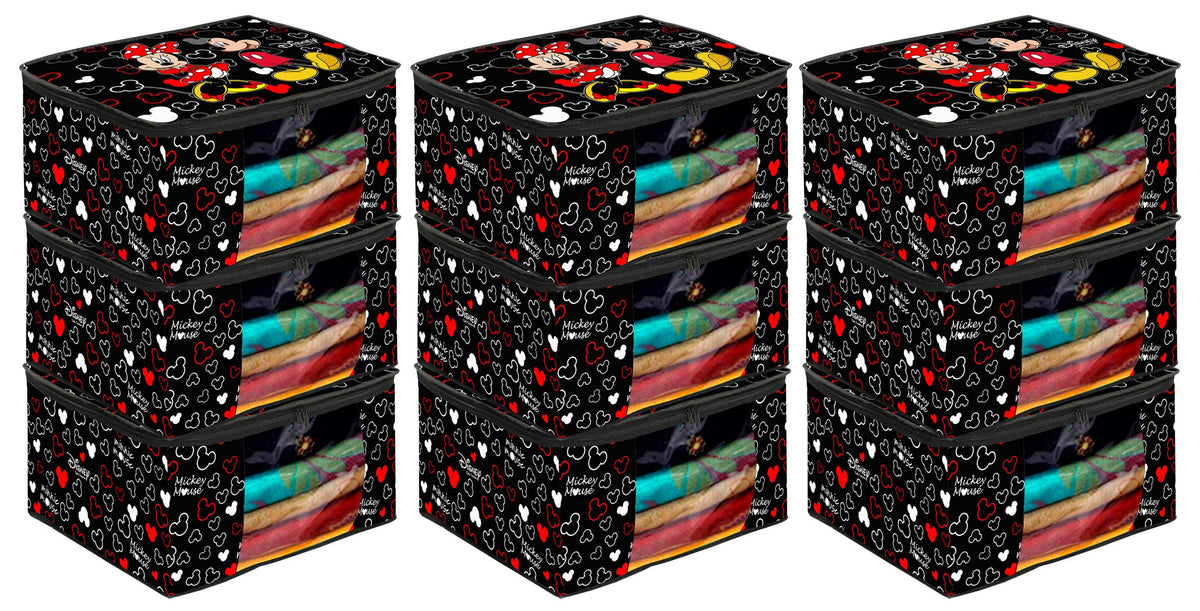 Kuber Industries Disney Mickey Print 9 Piece Non Woven Fabric Saree Cover/Clothes Organiser For Wardrobe Set with Transparent Window, Extra Large (Black) -HS_35_KUBMARTS18135