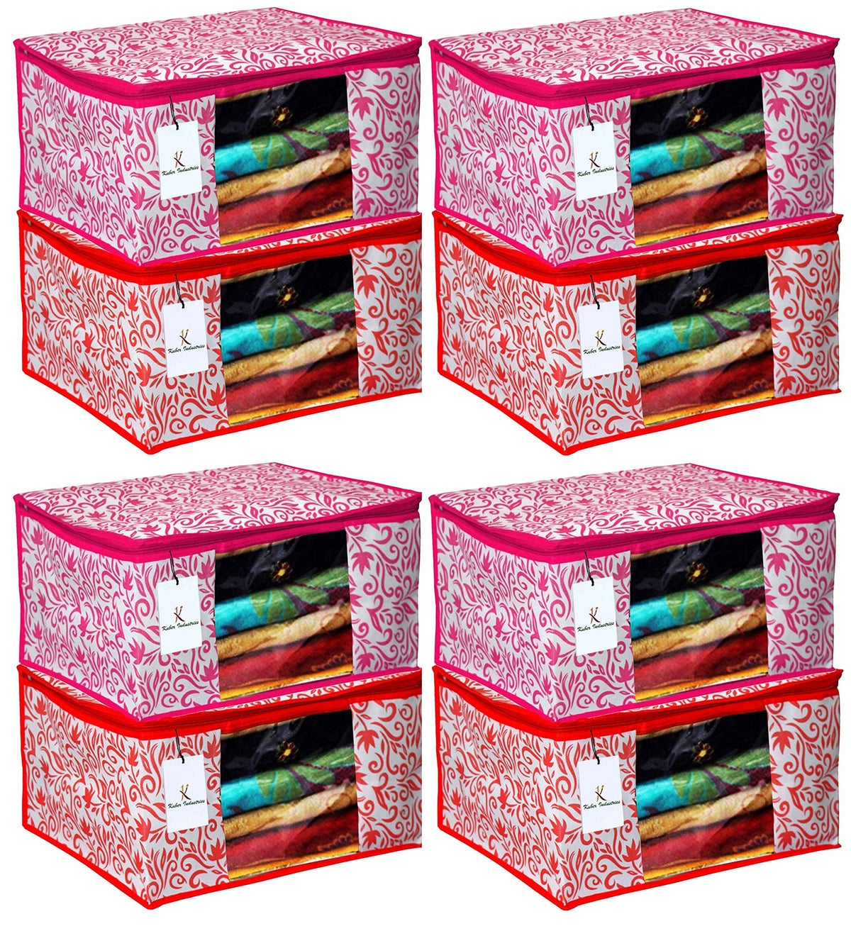 Kuber Industries Leaf Design 8 Piece Non Woven Fabric Saree Cover Set with Transparent Window, Extra Large, Red & Pink -CTKTC040906