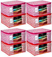 Kuber Industries Leaf Design 8 Piece Non Woven Fabric Saree Cover Set with Transparent Window, Extra Large, Red & Pink -CTKTC040906
