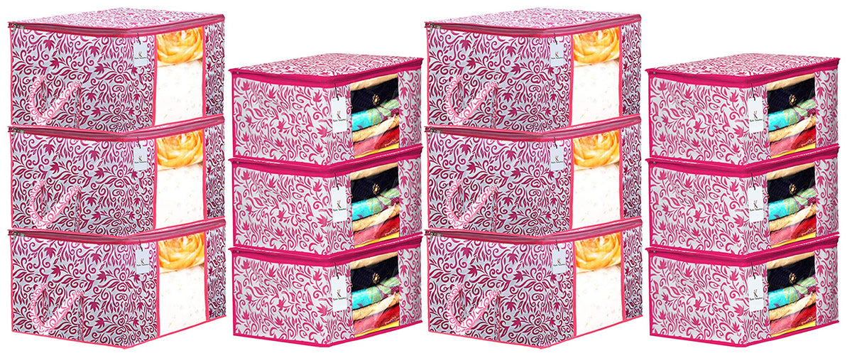 Kuber Industries Leaf Design Non Woven 6 Pieces Saree Cover and 6 Pieces Underbed Storage Bag, Cloth Organizer for Storage, Blanket Cover Combo Set (Pink) -CTKTC038666