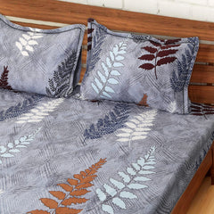 Kuber Industries Fitted Double Bedsheet|Leaf Print Premium Glace Cotton Elastic Bedsheet with Two Pillow Covers,72 x 78 Inch(Gray)
