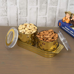 Kuber Industries Pearl Wooden Design Plastic Dry Fruit Container with Tray Set with Lid & Serving Tray, 500 ml Plastic Grocery Container (Set of 3, Gold)-KUBMART11086