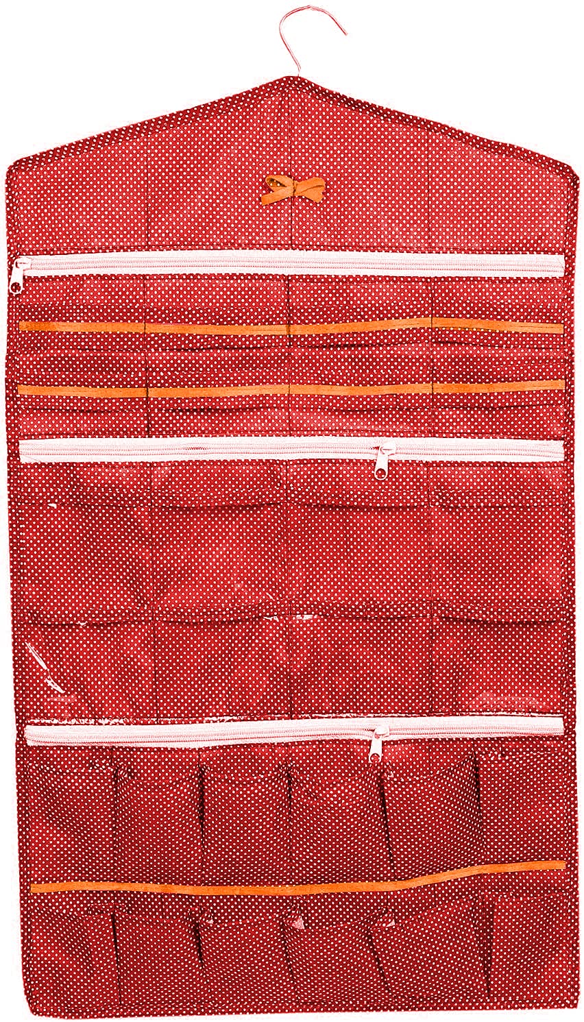 Kuber Industries Dot Printed Hanging Jewellery Organizer, Hanging Wall Pocket Storage Bag For Storing Earrings Necklace Bracelet Ring Accessory with Hanger (Red)