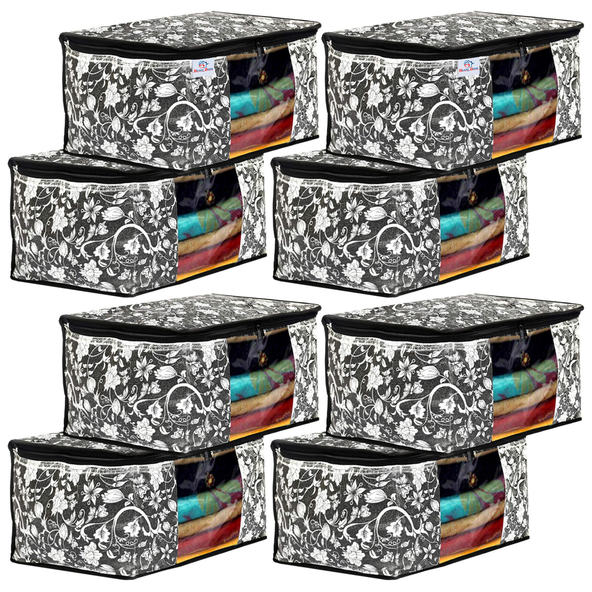 Heart Home Metalic Flower Print 8 Piece Non Woven Fabric Saree Cover/Clothes Organiser For Wardrobe Set with Transparent Window, Extra Large (Black)-HHEART16523