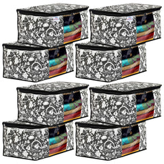 Heart Home Metalic Flower Print 8 Piece Non Woven Fabric Saree Cover/Clothes Organiser For Wardrobe Set with Transparent Window, Extra Large (Black)-HHEART16523