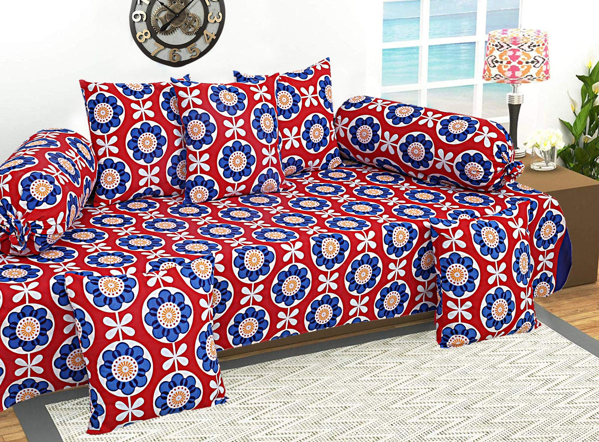 Kuber Industries Floral Design 8 Piece Cotton Diwan Set, Red and Blue - CTKTC21846
