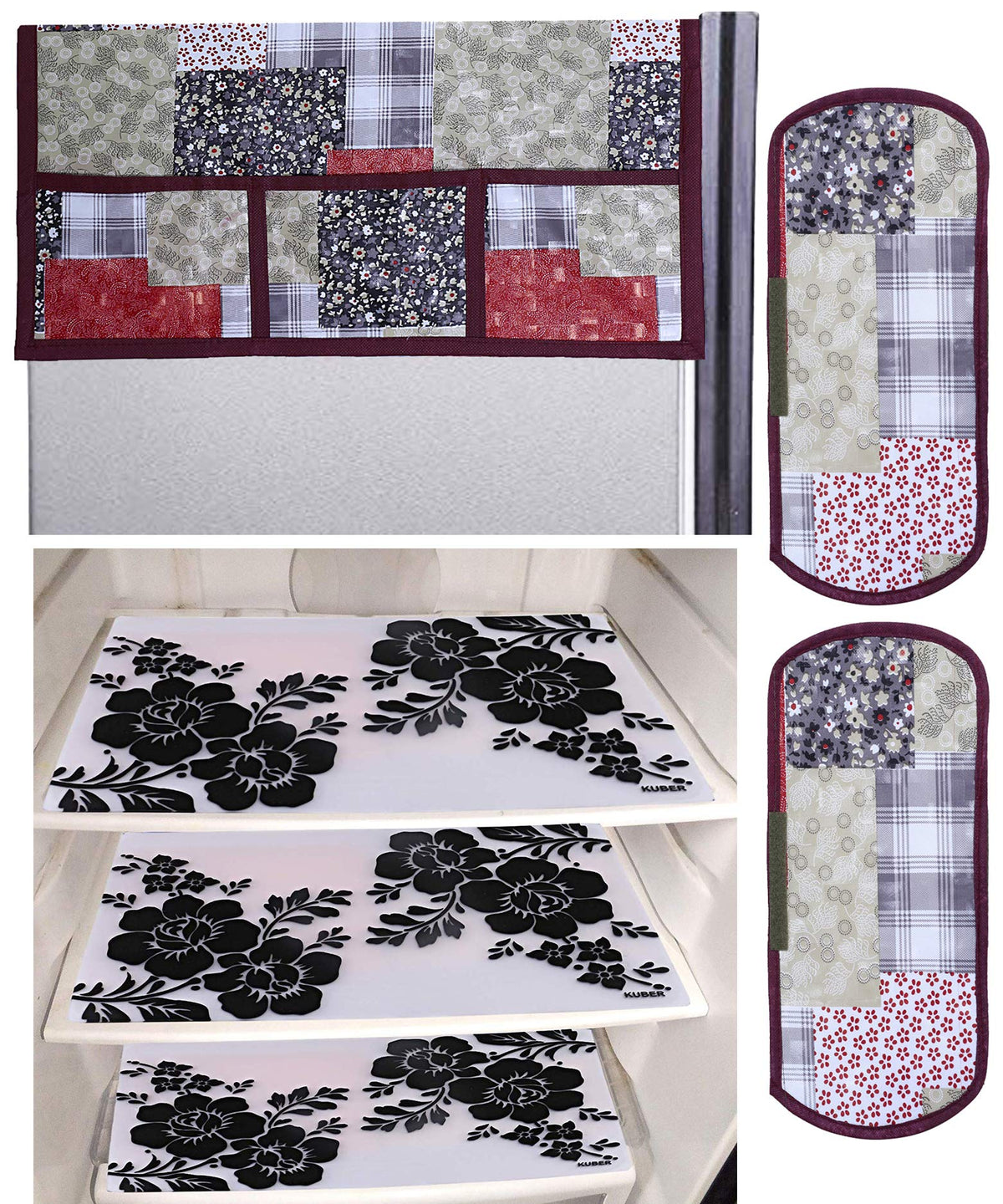 Kuber Industries Flower Design 3 Pieces PVC Fridge Mats,2 Piece Handle Cover and 3D Checkered Design 1 Piece Fridge Top Cover (Maroon) - CTKTC39842