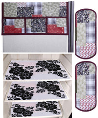 Kuber Industries Flower Design 3 Pieces PVC Fridge Mats,2 Piece Handle Cover and 3D Checkered Design 1 Piece Fridge Top Cover (Maroon) - CTKTC39842