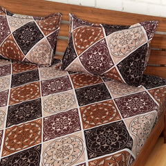 Kuber Industries Fitted Double Bedsheet|Rangoli Print Premium Glace Cotton Elastic Bedsheet with Two Pillow Covers,72 x 78 Inch(Brown)