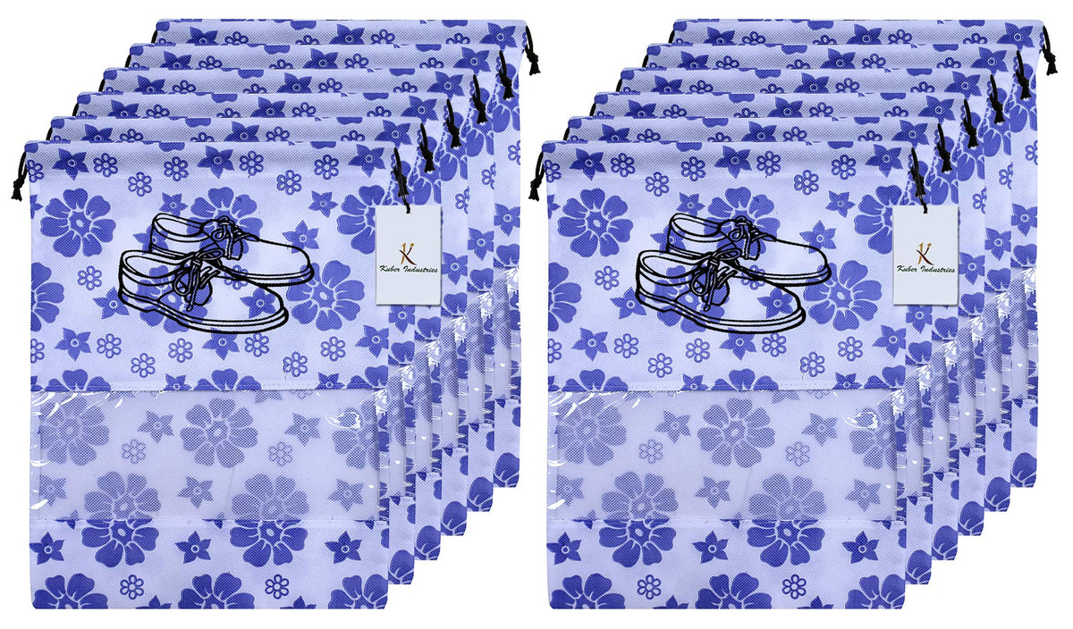 Kuber Industries Flower Design 12 Piece Non Woven Travel Shoe Cover, String Bag Organizer, Royal Blue - CTMTC039499