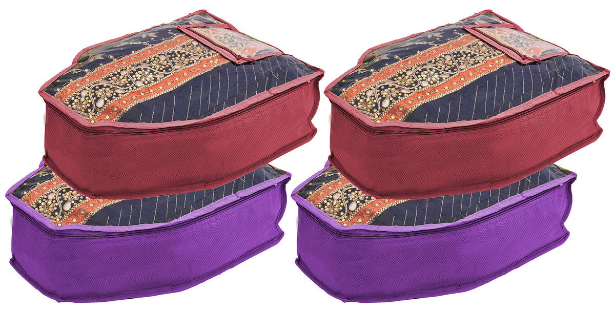 Kuber Industries 4 Piece Non Woven Blouse Cover with Front Transparent Window with Attached Pocket Set (Purple & Maroon)