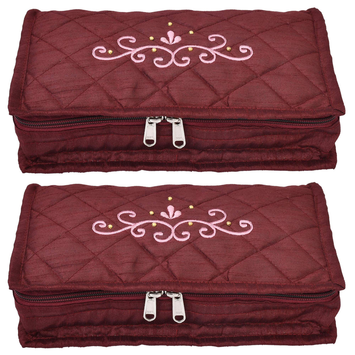 Kuber Industries Embroidery Design 2 Pieces Satin Jewellery Pouch Cum Makeup Kit (Maroon)- KUBMART02516