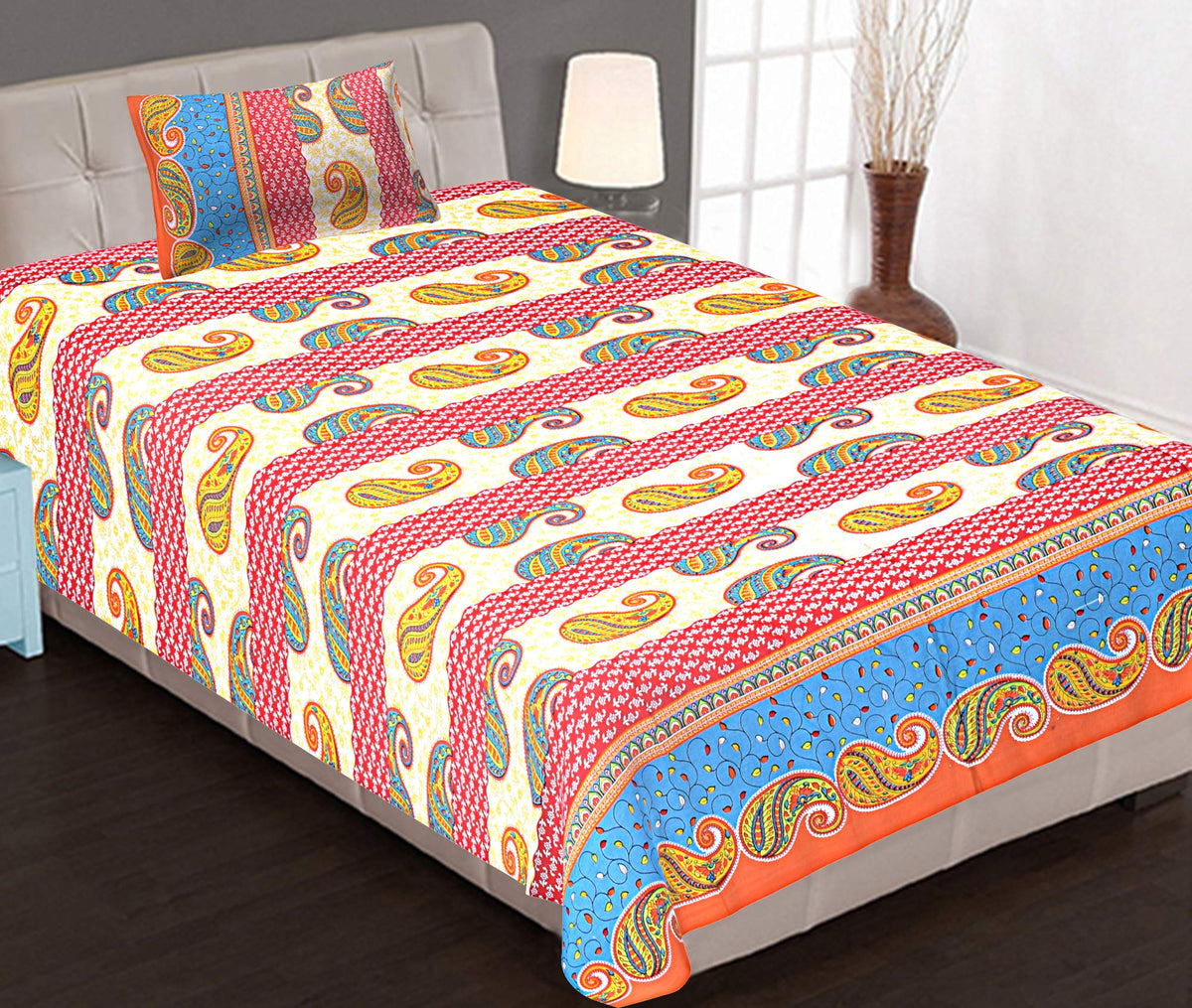 Kuber Industries 100% Cotton 144 TC Single Bed Sheet with 1 Pillow Cover (Orange) -CTKTC13010
