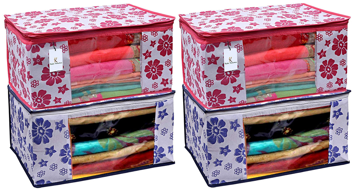 Kuber Industries Flower Design 4 Piece Non Woven Fabric Saree Cover Set with Transparent Window, Extra Large, Pink & Blue -CTKTC40814