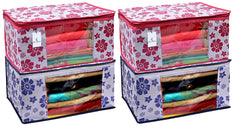 Kuber Industries Flower Design 4 Piece Non Woven Fabric Saree Cover Set with Transparent Window, Extra Large, Pink & Blue -CTKTC40814