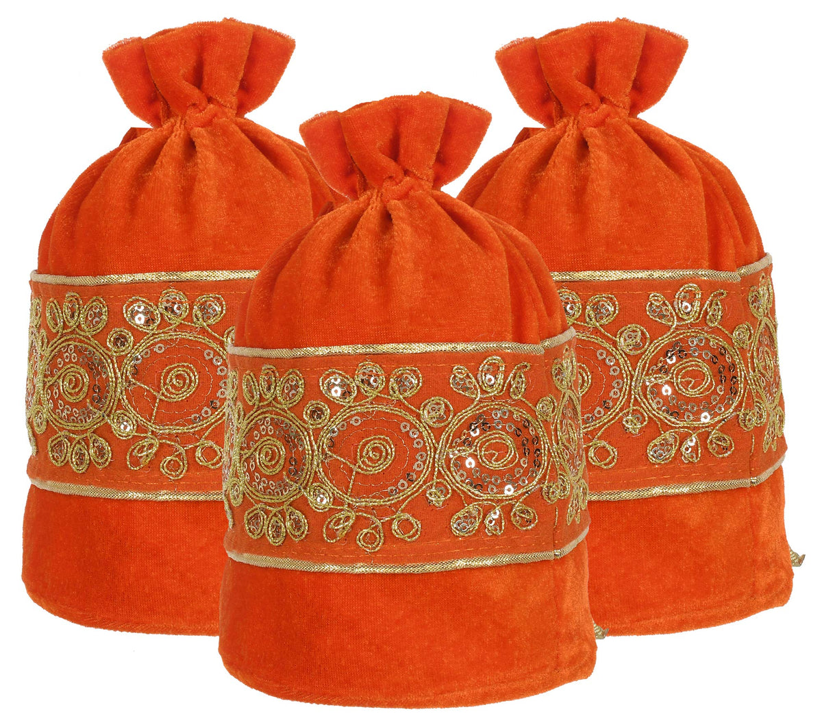 Kuber Industries Embroidered Design Potli Bags Handbags for Women Gifting Wristlets for Wedding, Festival, Kitty Subh Shagun-Pack of 3 (Orange)