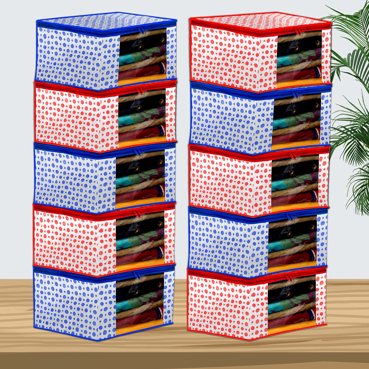 Homestic Set of 10 Foldable Non Woven saree covers with Zip|Saree & Clothes Organiser for wardrobe |Transparent Window With Premium Zipper|Suitable for Lehenga, Suit, Dress (Blue & Pink)