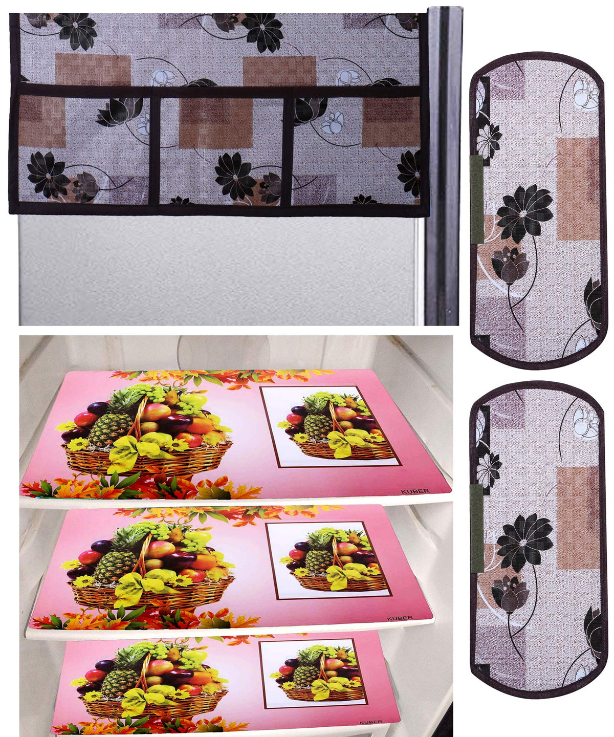 Kuber Industries Fruit Basket Design 3 Pieces PVC Fridge Mats,Flower Design 2 Piece Handle Cover and 1 Piece Fridge Top Cover (Brown) - CTKTC039854