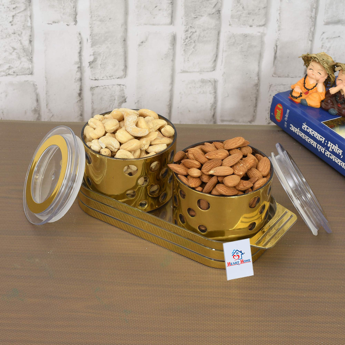 Heart Home Pearl Wooden Design Plastic Serving Tray with 2 Multipurpose Snacks/Dry Fruit Air Tight Bowls with Lids (Set of 3, Gold)-HEART11085