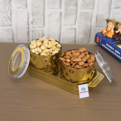 Heart Home Pearl Wooden Design Plastic Serving Tray with 2 Multipurpose Snacks/Dry Fruit Air Tight Bowls with Lids (Set of 3, Gold)-HEART11085