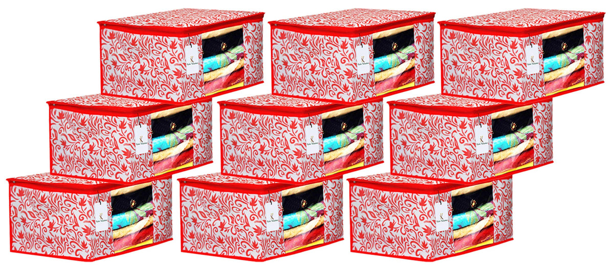 Kuber Industries Leaf Design 9 Piece Non Woven Fabric Saree Cover Set with Transparent Window, Extra Large, Red-CTKTC031918