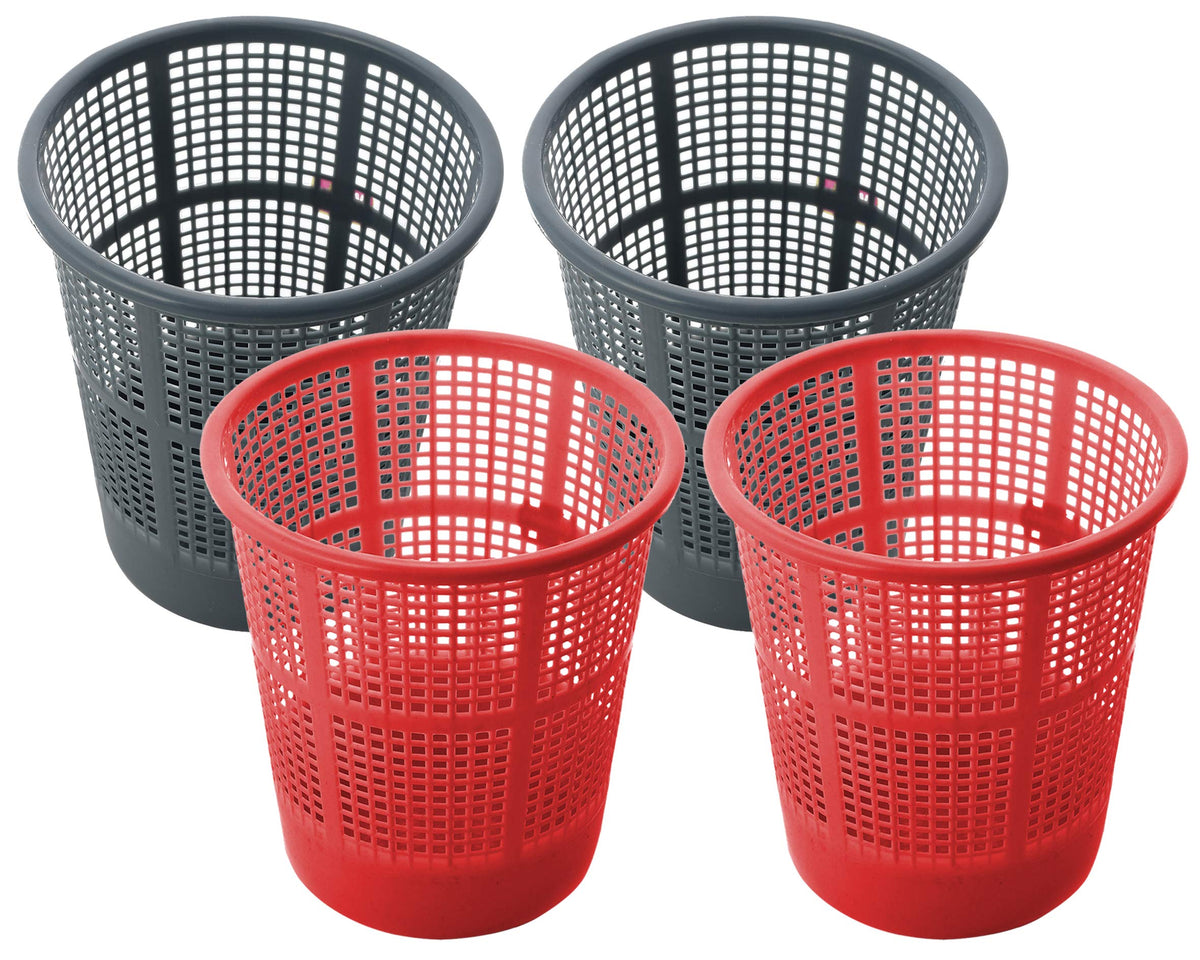 Kuber Industries Plastic 4 Pieces Mesh Dustbin Garbage Bin for Office use, School, Bedroom, Kids Room, Home, Multi Purpose, 5 Liters (Grey & Red)-KUBMART306