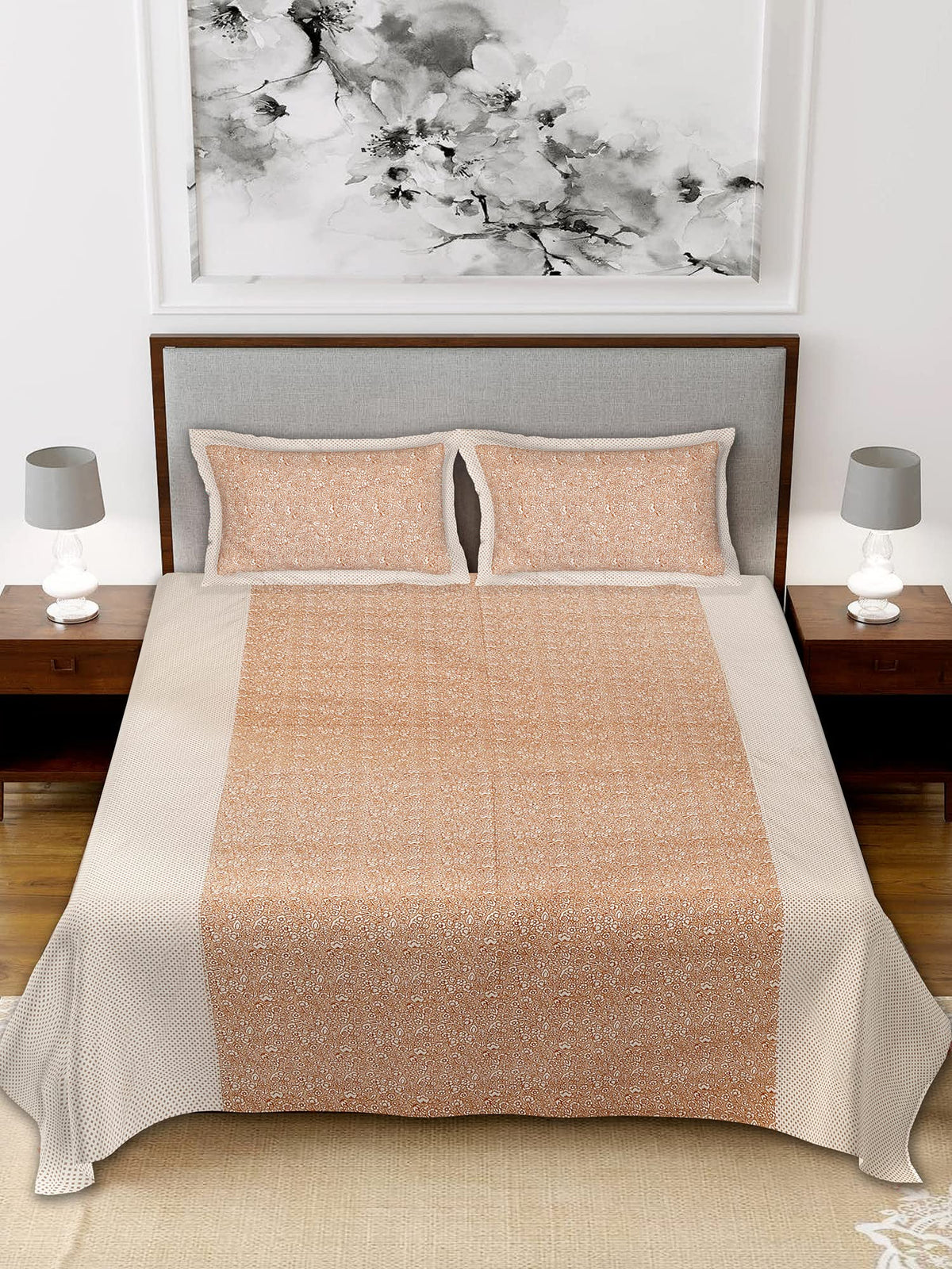 Kuber Industires Floral Design Pure Cotton Soft Light Weight Double Bedsheet with 2 Pillow Cover (Cream)-HS_38_HEARTH21127