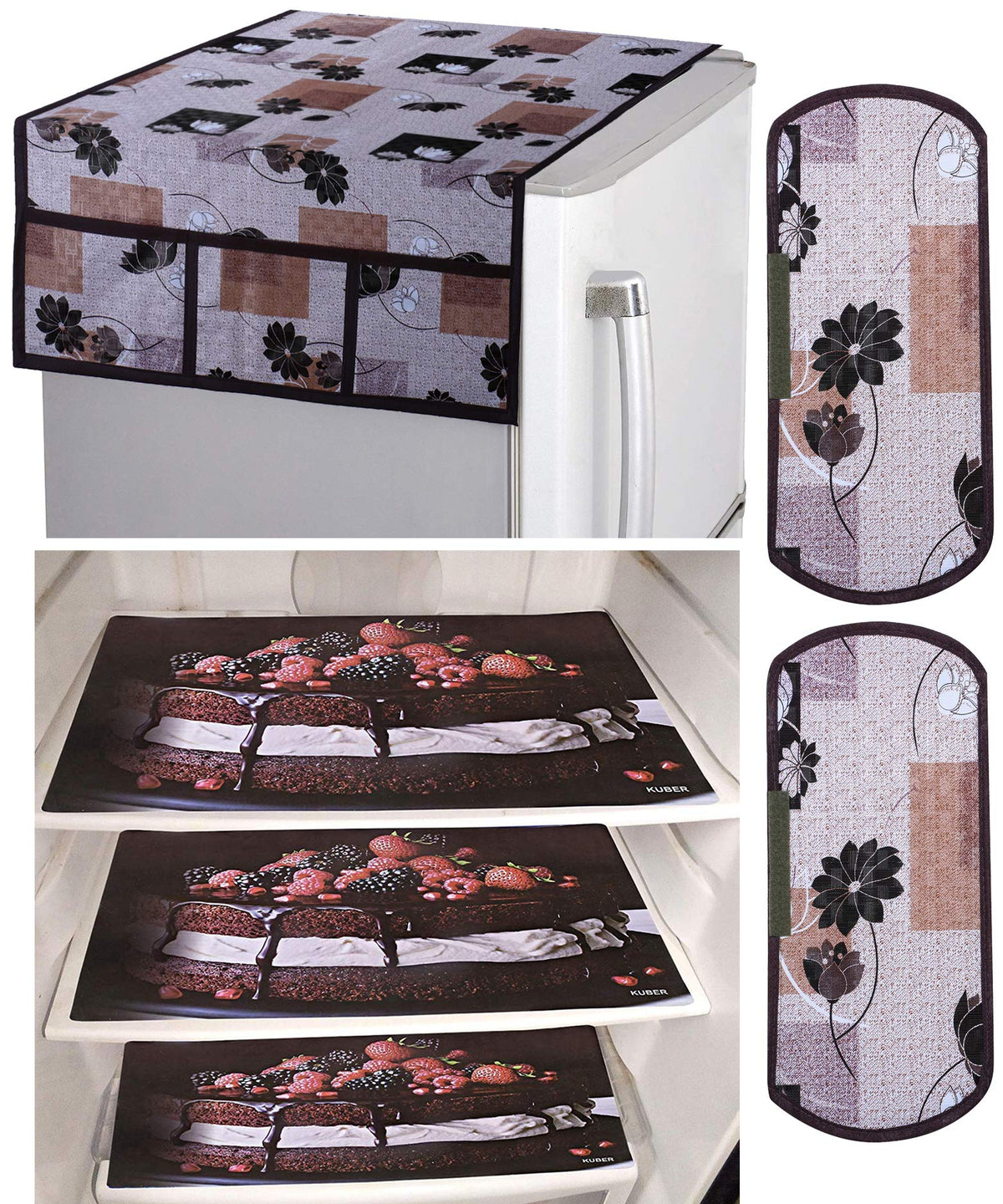 Kuber Industries Cake Design 3 Pieces PVC Fridge Mats,Flower Design 2 Piece Handle Cover and 1 Piece Fridge Top Cover (Brown) - CTKTC039847, Standard