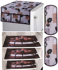 Kuber Industries Cake Design 3 Pieces PVC Fridge Mats,Flower Design 2 Piece Handle Cover and 1 Piece Fridge Top Cover (Brown) - CTKTC039847, Standard