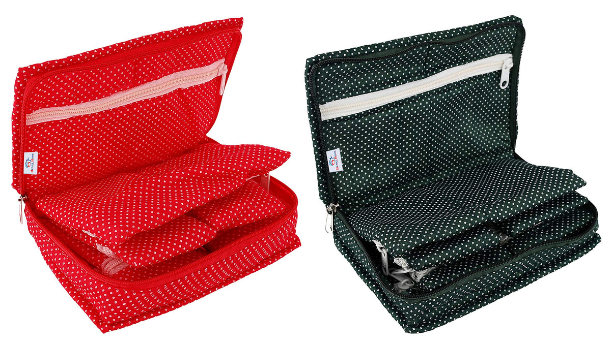 Heart Home Cotton Multipurpose 7 Pocket Dot Printed Jewellery Storage Bag Pouch/Travel Kit Organizer (Green & Red)-Pack of 2-HHEART15457