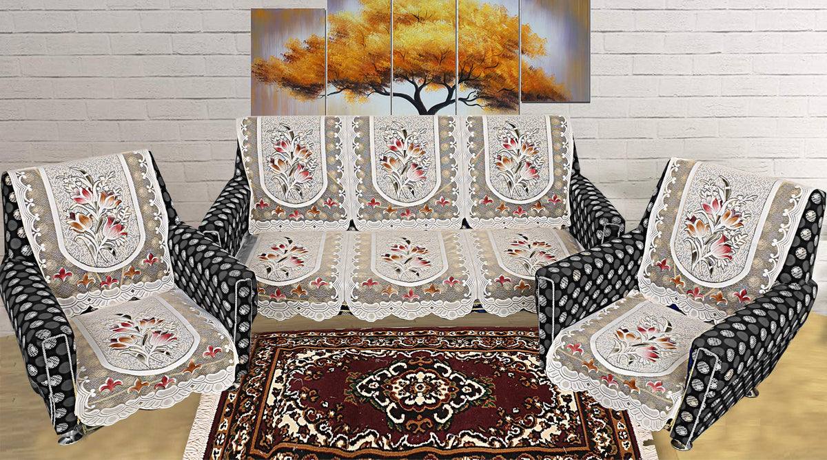 Kuber Industries Flower Design 6 Piece Cotton Sofa Cover Set, Cream
