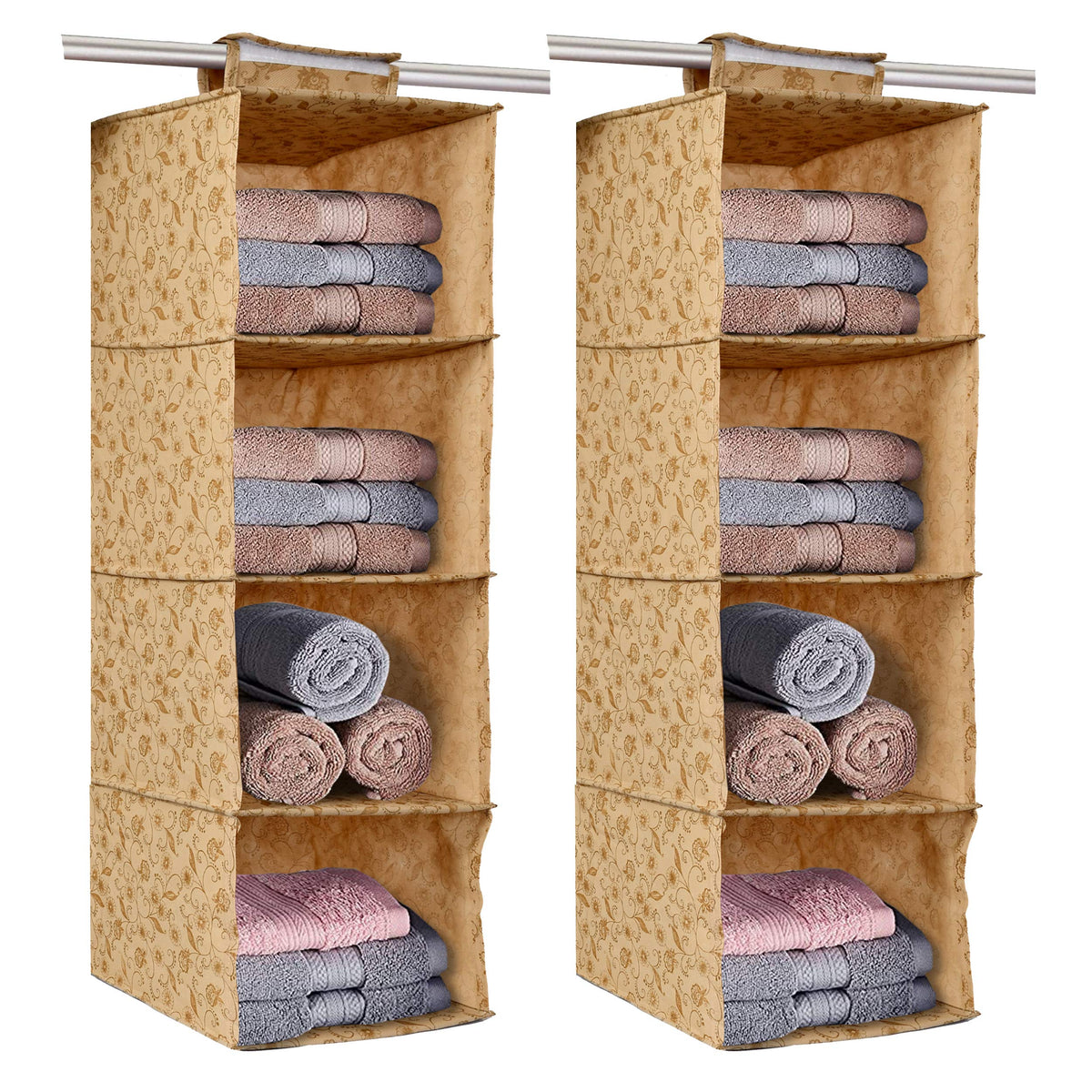 Kuber Industries Metalic Floral Print Non Woven Hanging 4 Shelves Foldable Wardrobe/Closet Cloth Organizer (Set of 2, Beige)-KUBMART1162, Standard