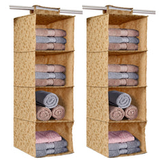 Kuber Industries Metalic Floral Print Non Woven Hanging 4 Shelves Foldable Wardrobe/Closet Cloth Organizer (Set of 2, Beige)-KUBMART1162, Standard
