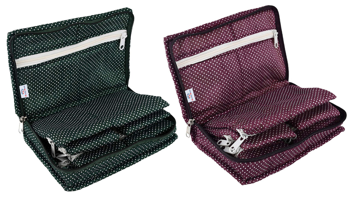 Heart Home Cotton Multipurpose 7 Pocket Dot Printed Jewellery Storage Bag Pouch/Travel Kit Organizer (Green & Purple)-Pack of 2-HHEART15453