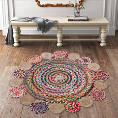 Kuber Industries Handmade Braided Area Rug|Organic Natural Jute Multi Circle Border Door Mat|Carpet for Bedroom,Living Room,Dining Room,92x92 cm,(Multicolor)