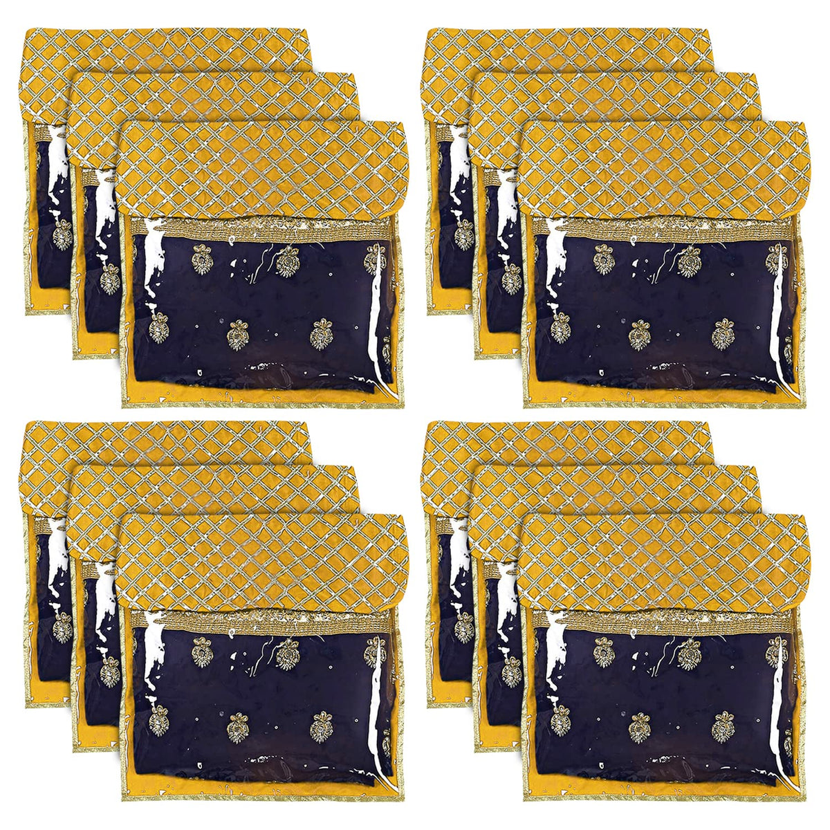 Heart Home Seamless lattice Design Satin Single Saree Cover With Transparent Top- Pack of 12 (Yellow)-50HH01338