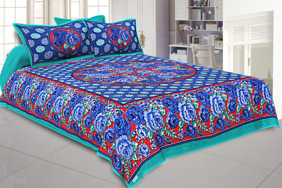 Kuber Industries Floral Design 144 TC Cotton Double Bedsheet with 2 Pillow Covers - King, Blue