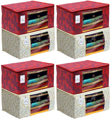 Heart Home Metalic Printed 8 Piece Non Woven Fabric Saree Cover Set with Transparent Window, Extra Large, Brown & Red - CTHH22770